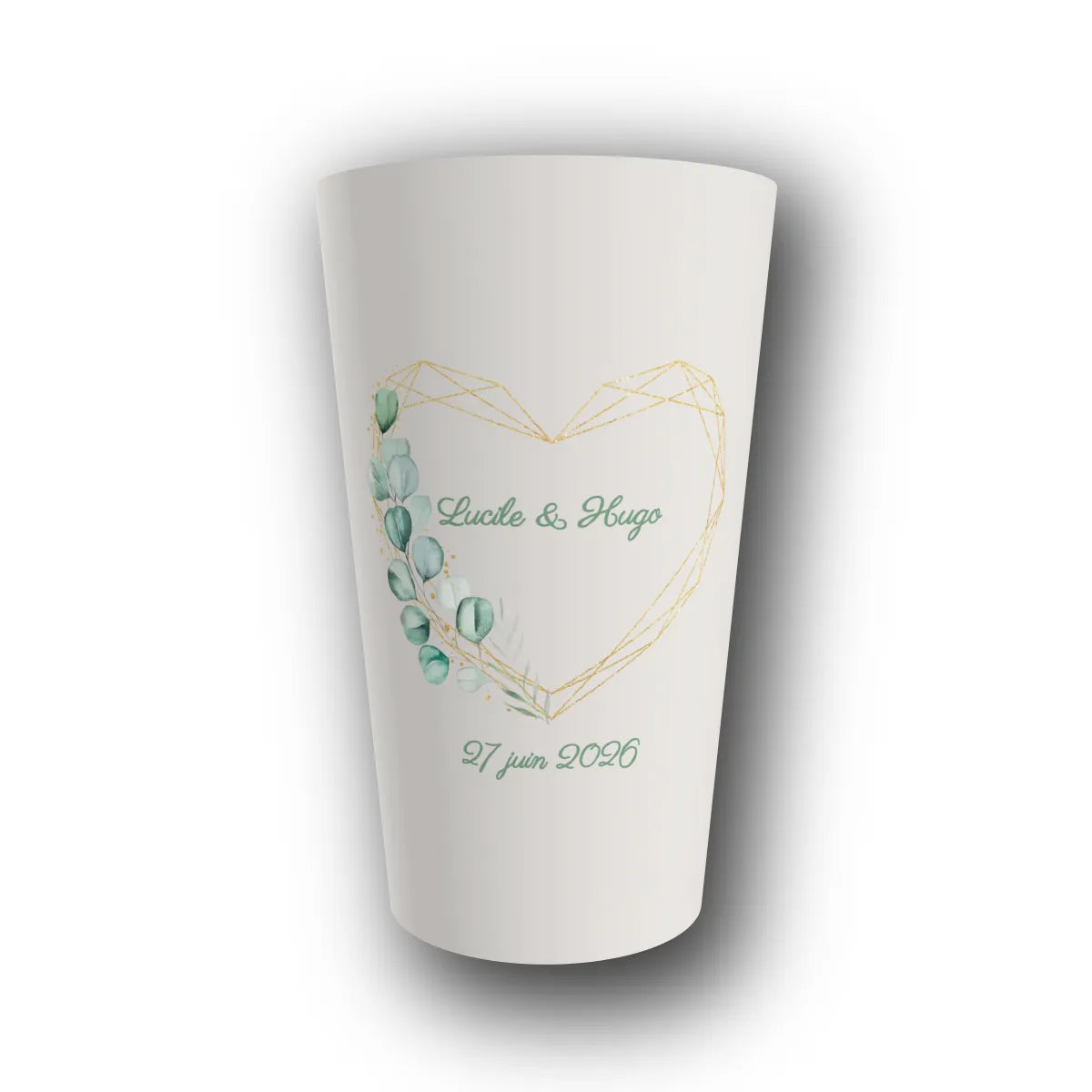Gobelet réutilisable personnalisé mariage, cœur géométrique eucalyptus, rendu 3D