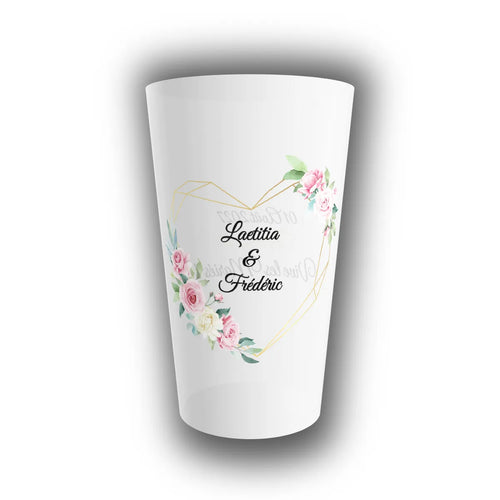 Gobelet réutilisable personnalisé pour mariage translucide, cœur géométrique doré fleuri et prénoms des mariés avec date inscrits à l'avant