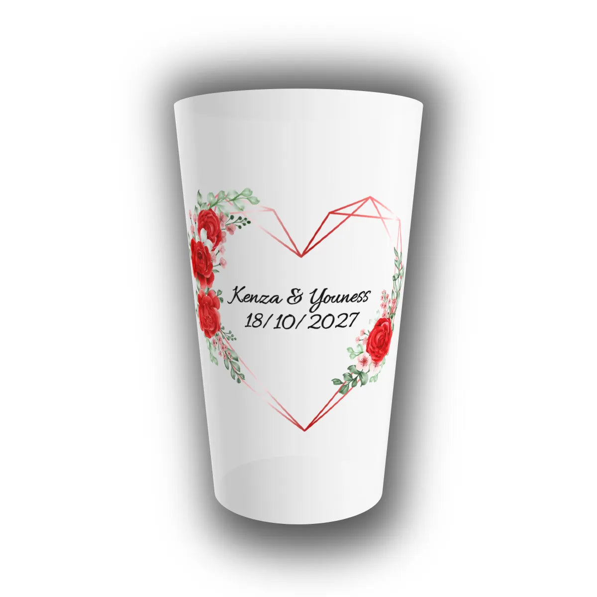 Gobelet réutilisable personnalisé pour mariage, cœur géométrique cuivré entouré de roses rouges, avec prénoms des mariés et date du mariage