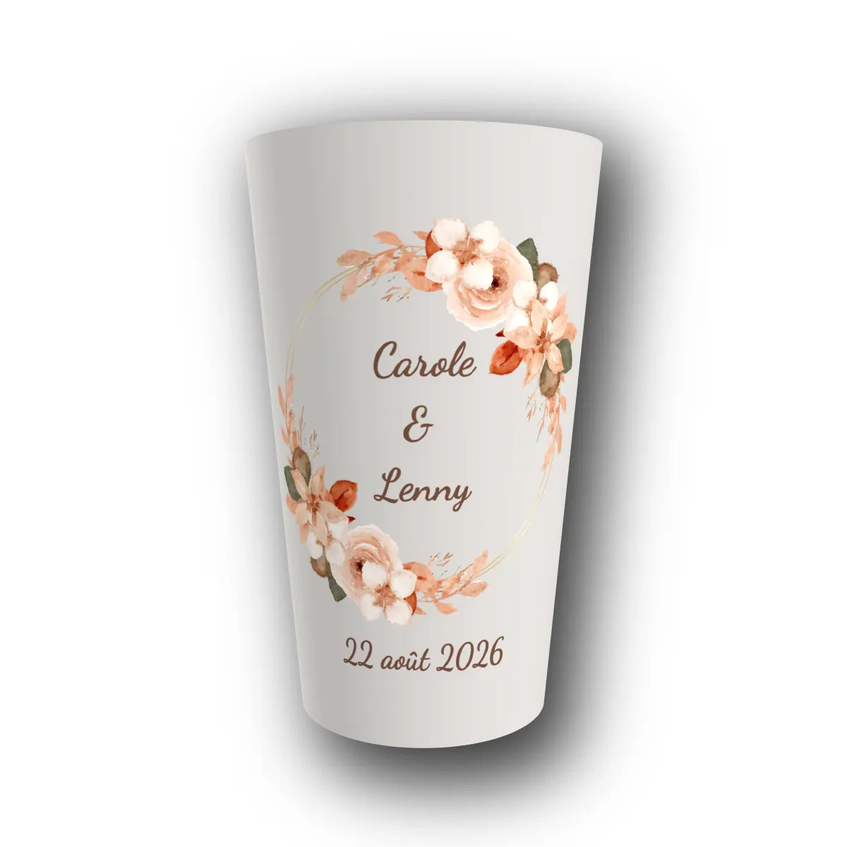 Gobelet réutilisable personnalisé mariage, couronne automne boisé et coton, rendu 3D