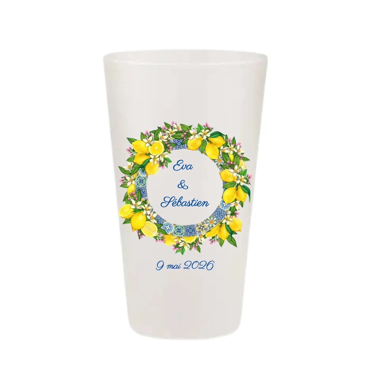 Gobelet réutilisable personnalisé pour mariage, illustration citrons Amalfi et majoliques, fabriqué en France.