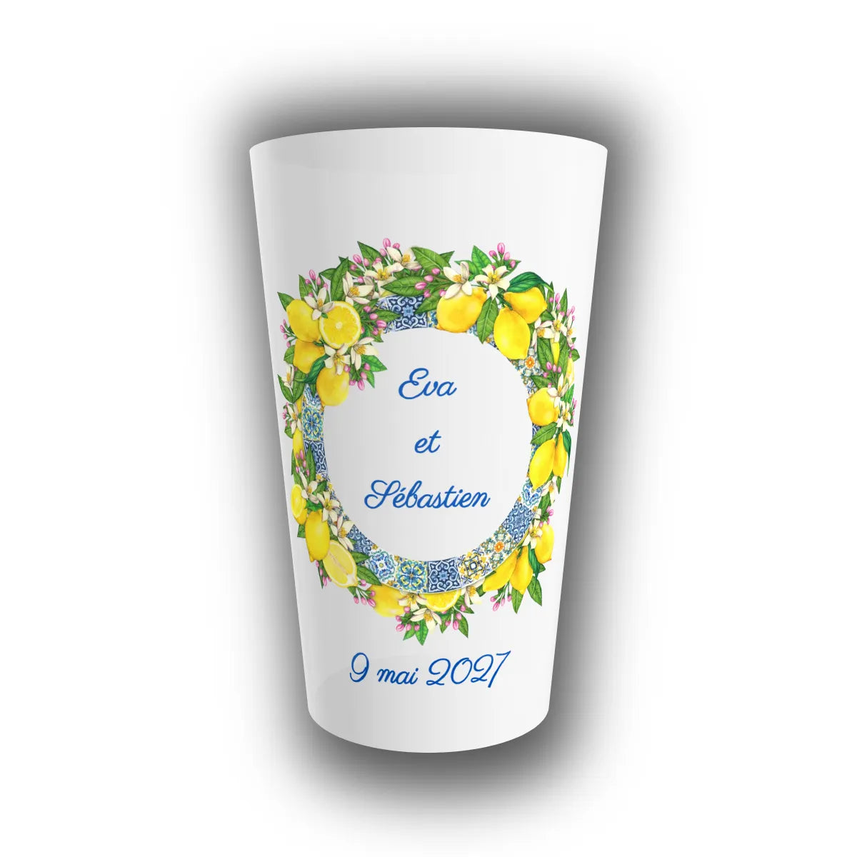 Gobelet de mariage personnalisé translucide, orné d'une couronne de citrons et azulejos bleus, avec prénoms des mariés et date
