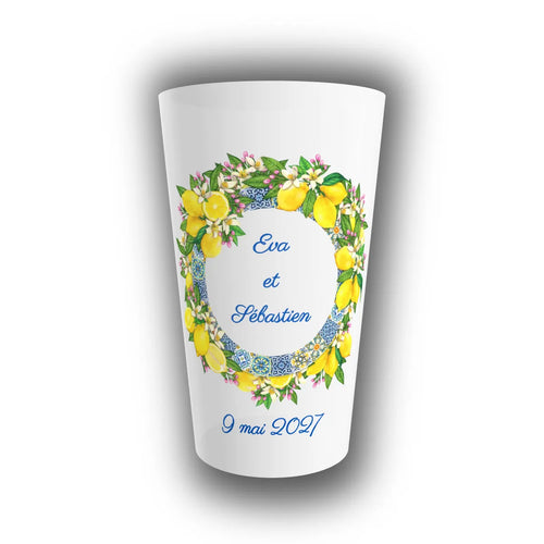 Gobelet de mariage personnalisé translucide, orné d'une couronne de citrons et azulejos bleus, avec prénoms des mariés et date