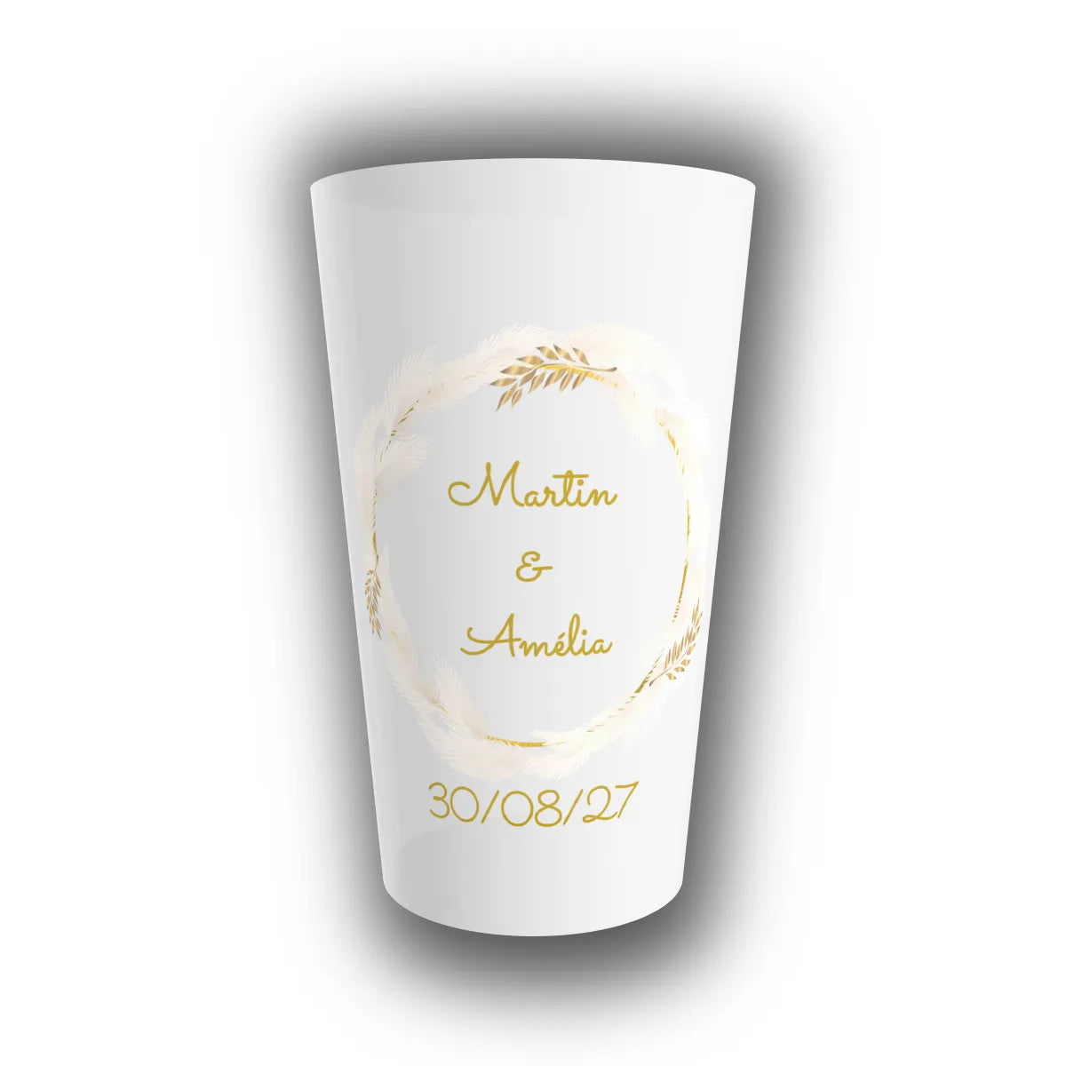 Gobelet réutilisable personnalisé pour mariage, translucide, orné d'une couronne de plumes blanches et branchages dorés avec prénoms des mariés et date