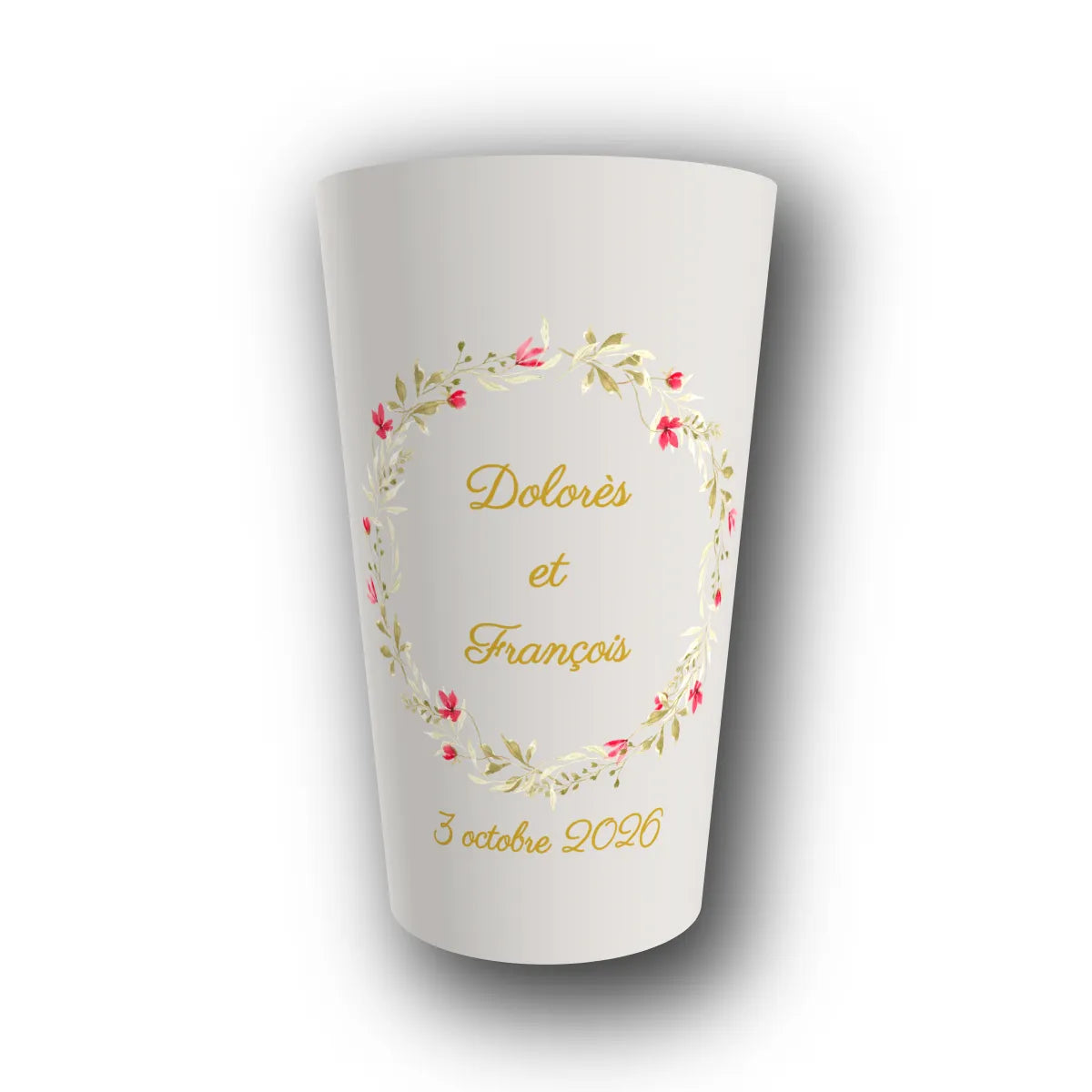 Gobelet réutilisable personnalisé mariage, couronne d'or et fleurs champêtres, rendu 3D