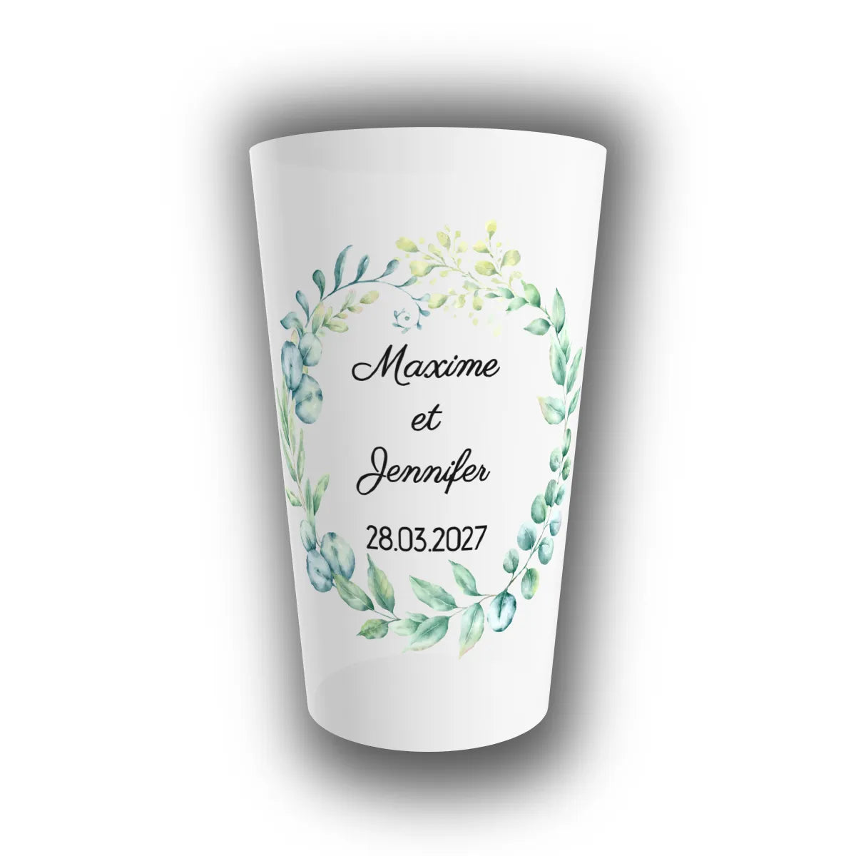 Gobelet réutilisable personnalisé pour mariage, translucide, orné d'une couronne d'eucalyptus aquarelle avec prénoms des mariés et date