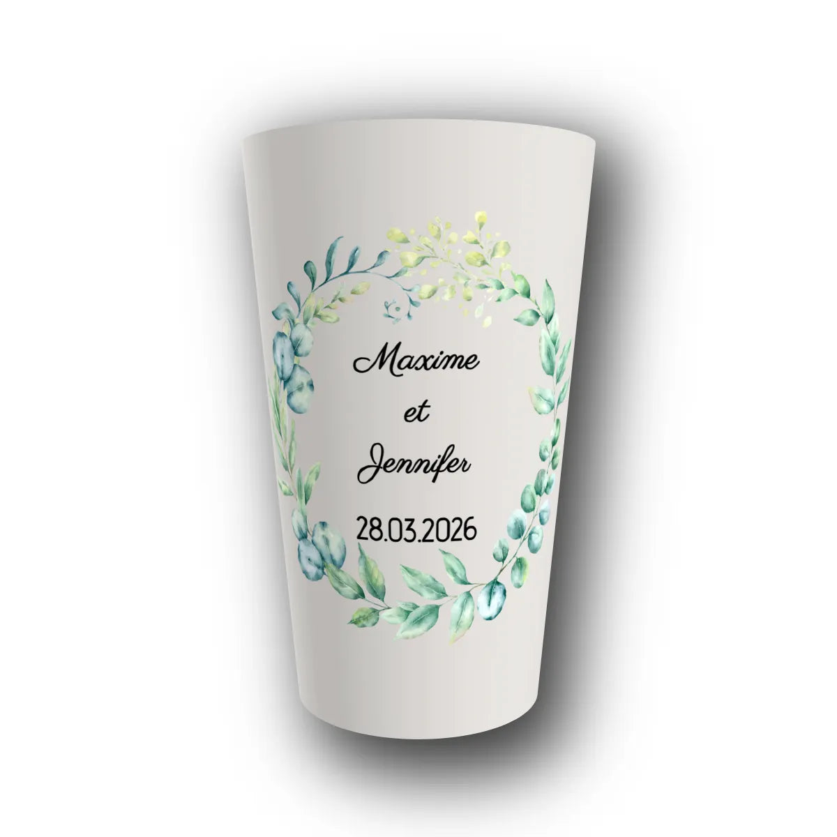 Gobelet réutilisable personnalisé mariage, couronne d'eucalyptus, rendu 3D