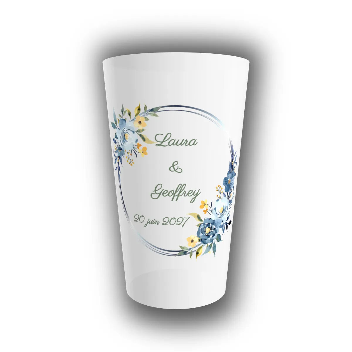 Gobelet réutilisable personnalisé pour mariage, translucide, orné d'une couronne florale azur argentée avec les prénoms des mariés et la date