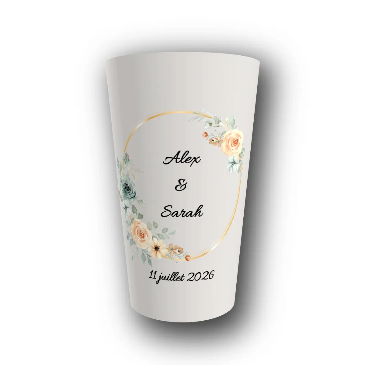 Gobelet réutilisable personnalisé mariage, couronne florale et or, rendu 3D