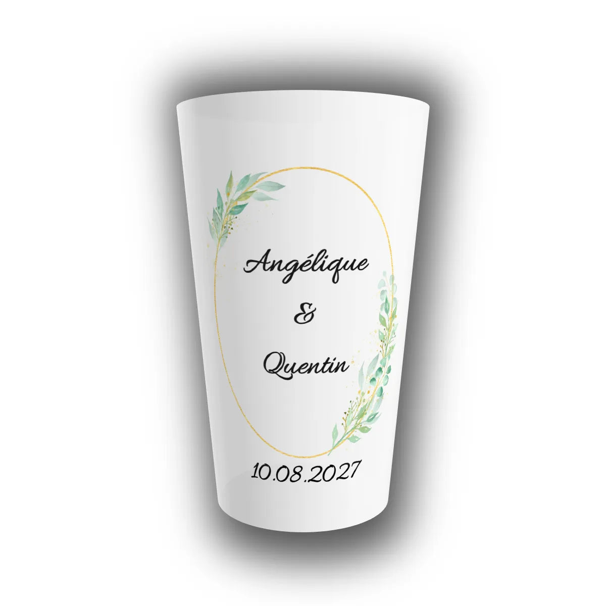 Gobelet réutilisable personnalisé pour mariage, finition translucide, cadre ovale doré, eucalyptus et prénoms des mariés avec la date