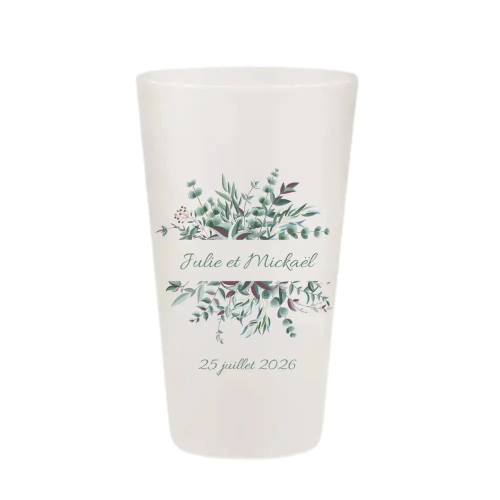 Gobelet réutilisable personnalisé pour mariage, illustration de feuilles d'eucalyptus style aquarelle, fabriqué en France.