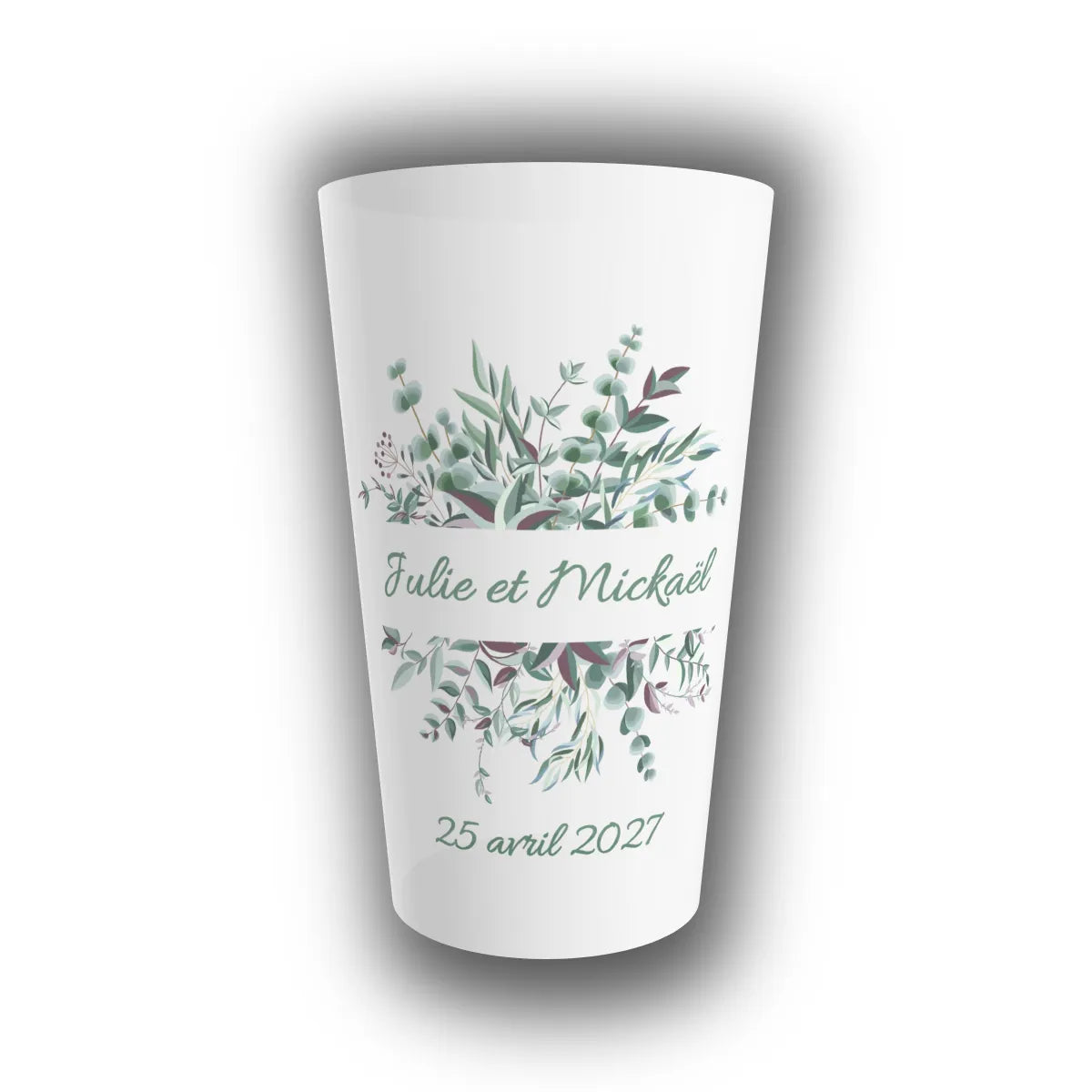 Gobelet réutilisable personnalisé pour mariage, translucide, avec feuillage d'eucalyptus aquarelle, prénoms des mariés et date du mariage
