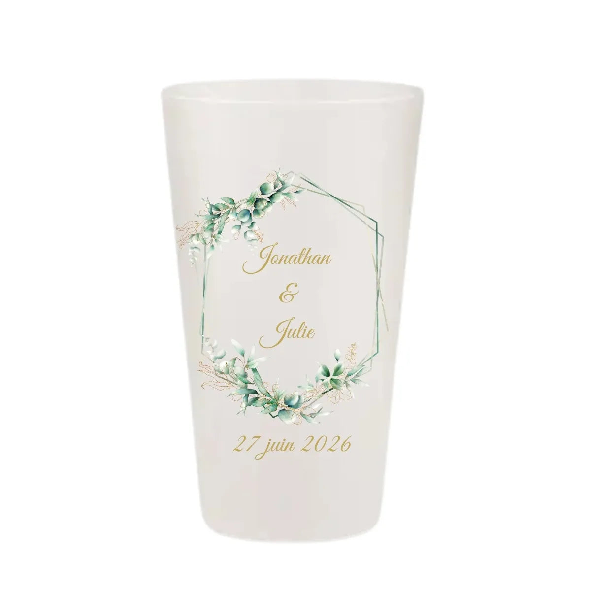 Gobelet de mariage personnalisé KUZTOM avec cadre hexagonal et feuilles d'eucalyptus.