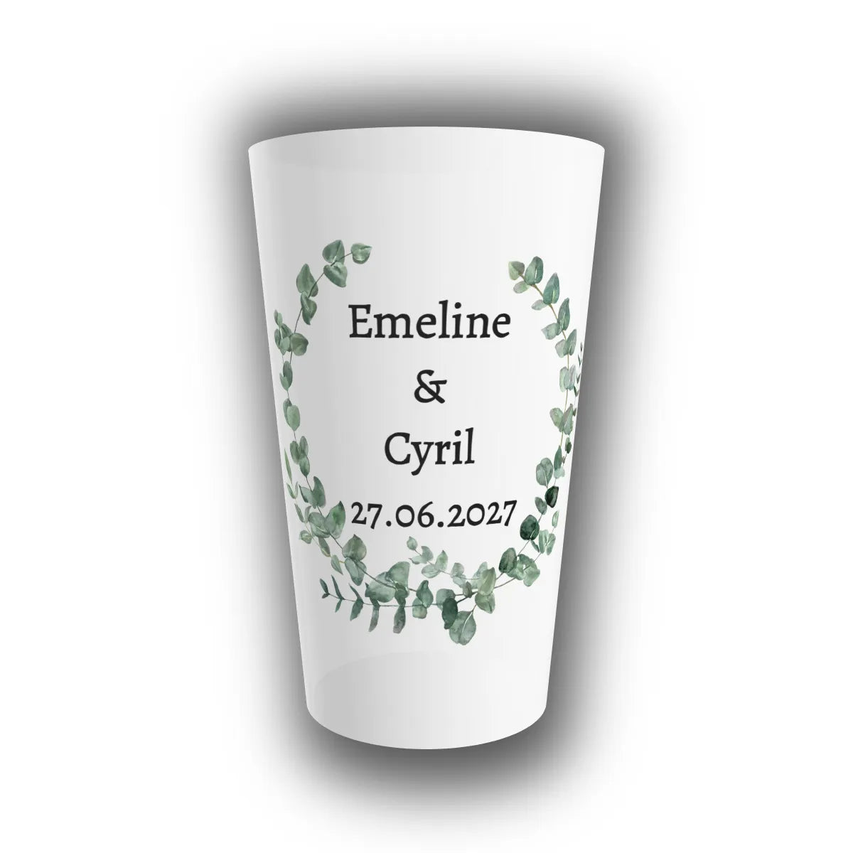 Gobelet réutilisable personnalisé pour mariage, translucide, orné d'une couronne d'eucalyptus avec prénoms des mariés et date