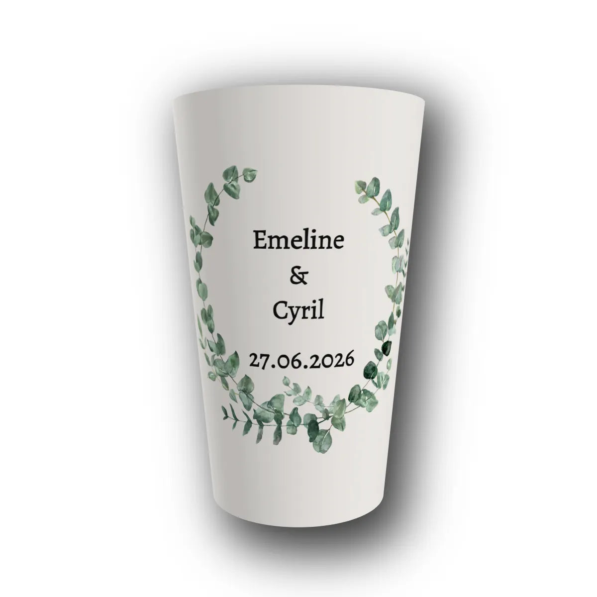 Gobelet réutilisable personnalisé mariage, eucalyptus élégant, rendu 3D