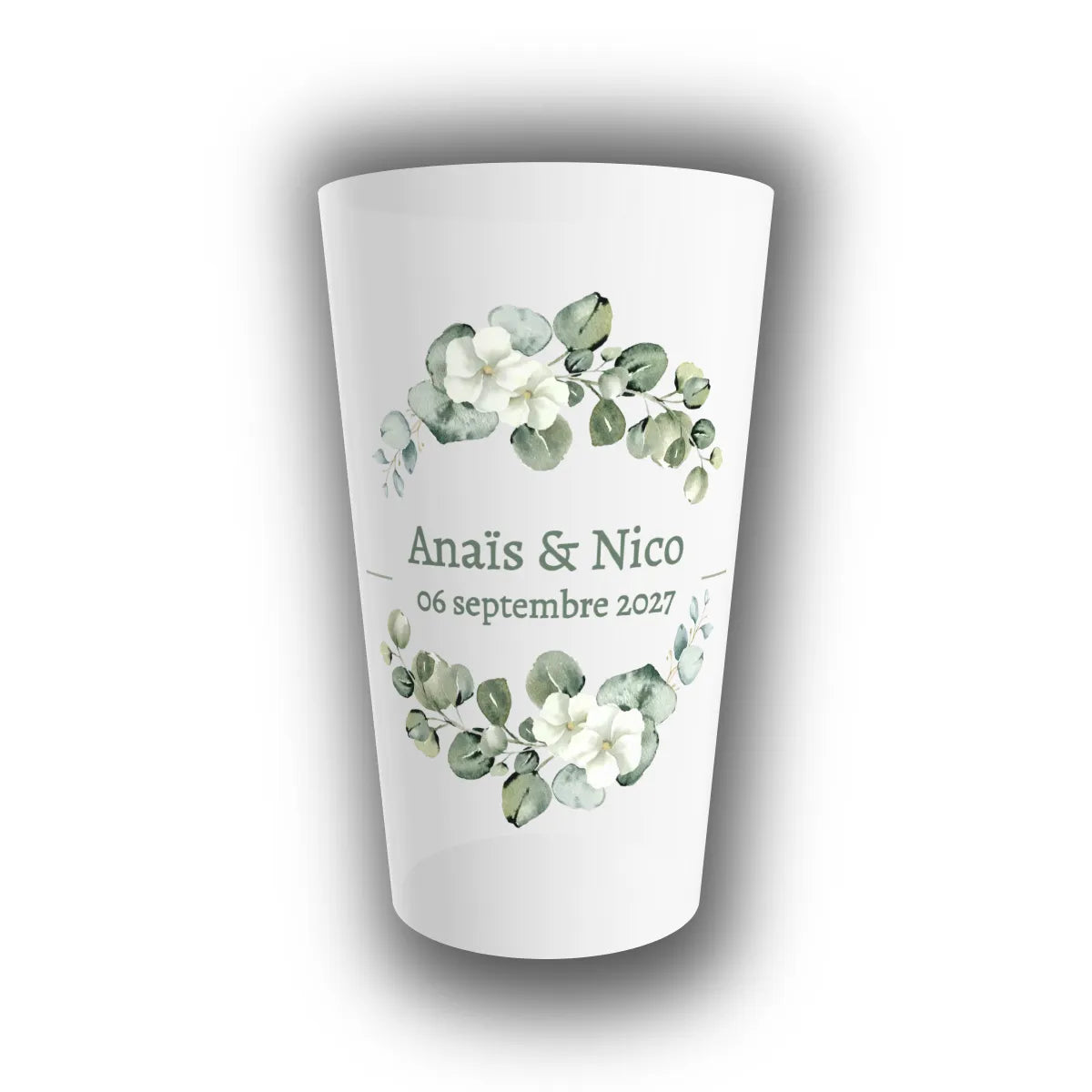 Gobelet réutilisable personnalisé pour mariage, translucide, décoré d'une couronne d'eucalyptus et fleurs blanches avec prénoms des mariés et date