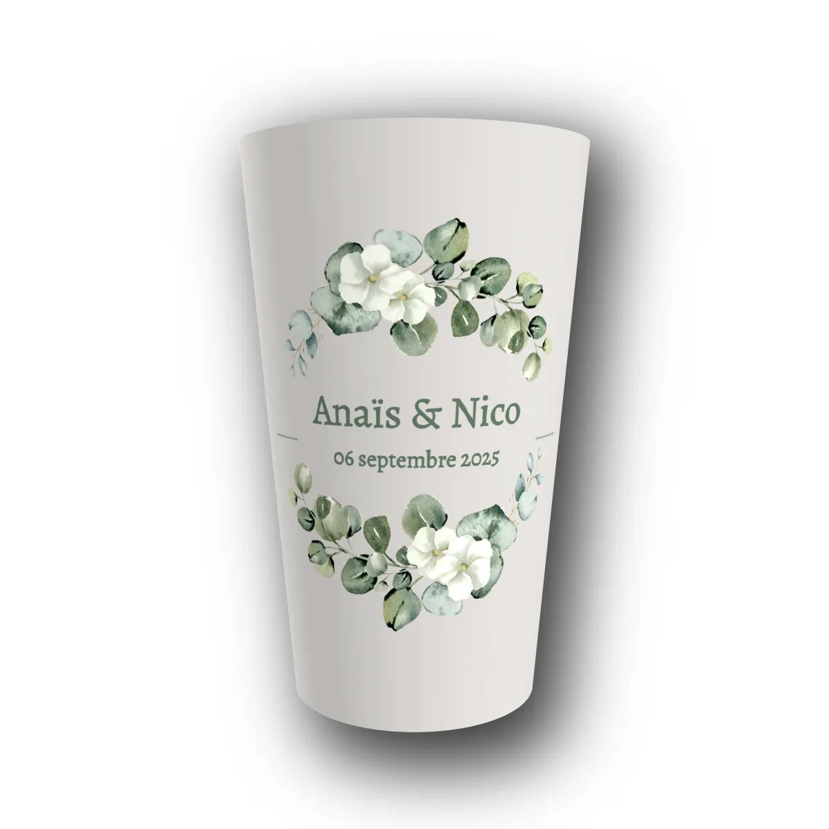 Gobelet réutilisable personnalisé mariage, eucalyptus et fleurs, rendu 3D