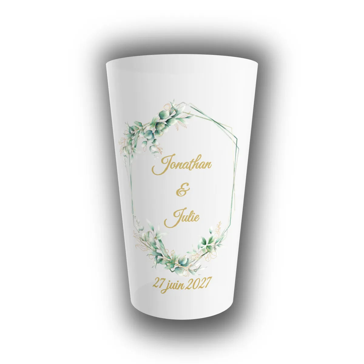 Gobelet réutilisable personnalisé pour mariage, avec couronne hexagonale en eucalyptus aquarelle, prénoms des mariés et date en lettres dorées