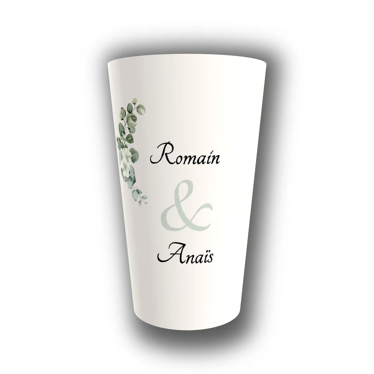 Gobelet mariage personnalisé Eucalyptus & Roses Blanches — réutilisable, Kuztom