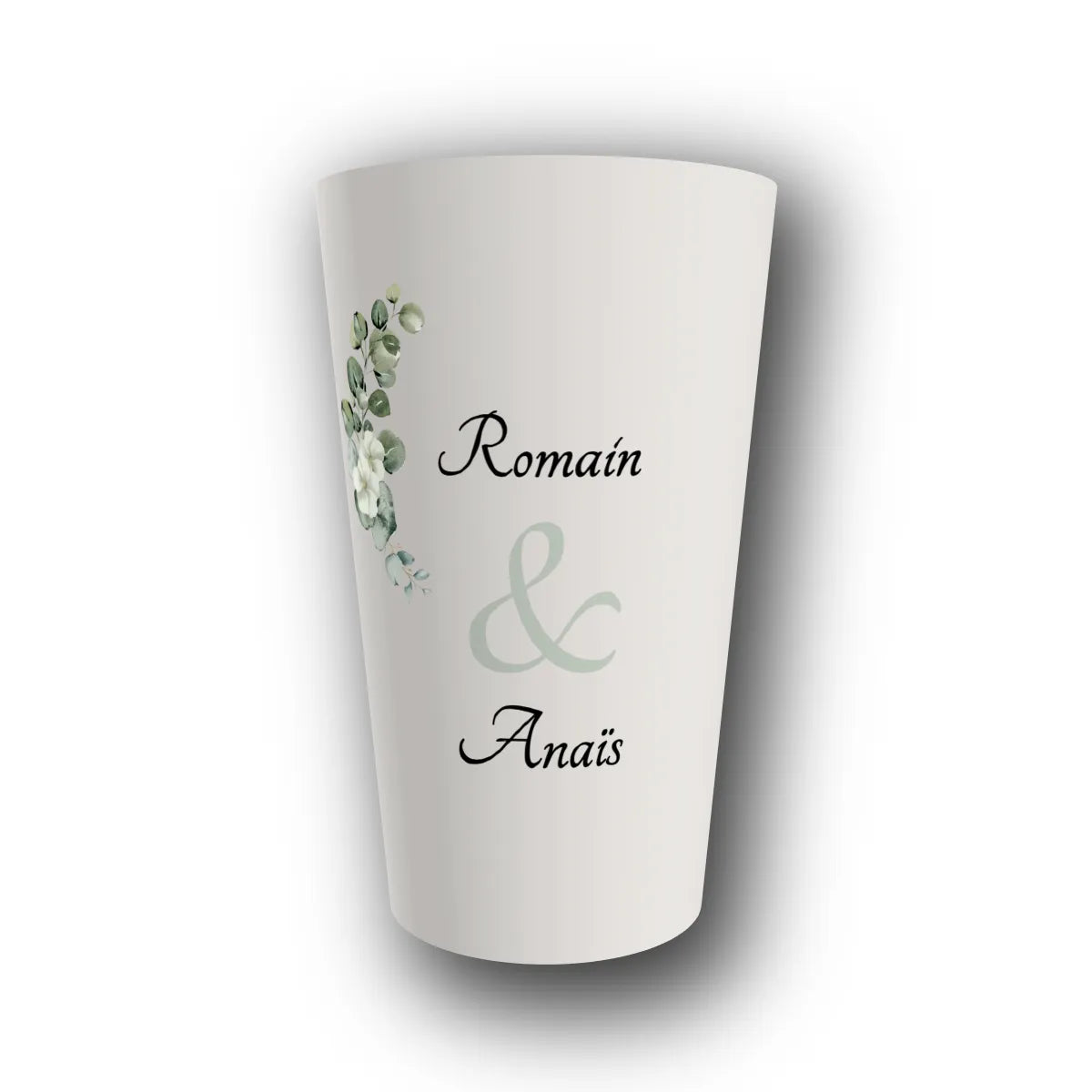 Gobelet réutilisable personnalisé mariage, eucalyptus et roses blanches, rendu 3D