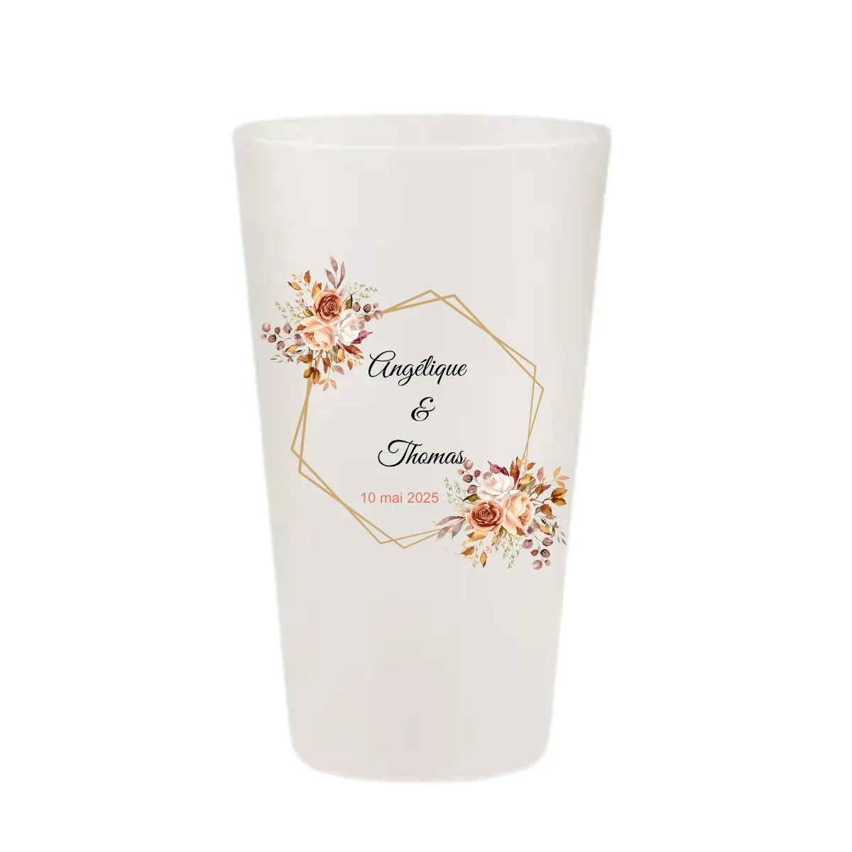 Gobelet réutilisable personnalisé pour mariage, illustration hexagone doré et roses terracotta, fabriqué en France.