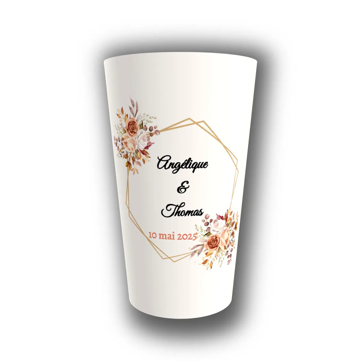Gobelet mariage personnalisé Hexagone Roses Terracotta — réutilisable, Kuztom