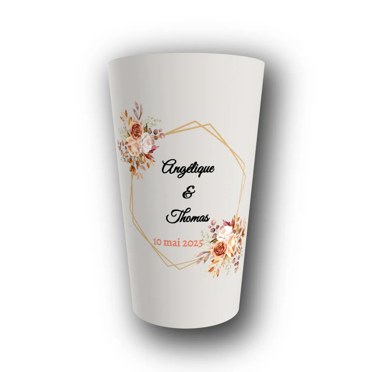 Gobelet réutilisable personnalisé mariage, hexagone roses terracotta, rendu 3D
