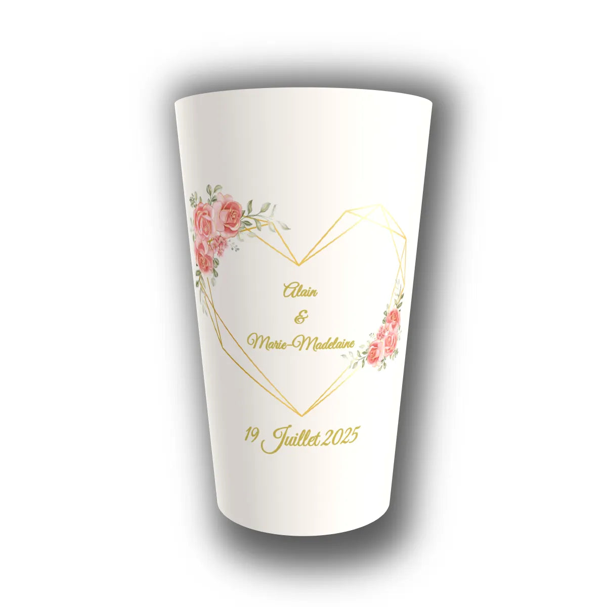 Gobelet mariage personnalisé Cœur Doré & Roses — réutilisable, Kuztom