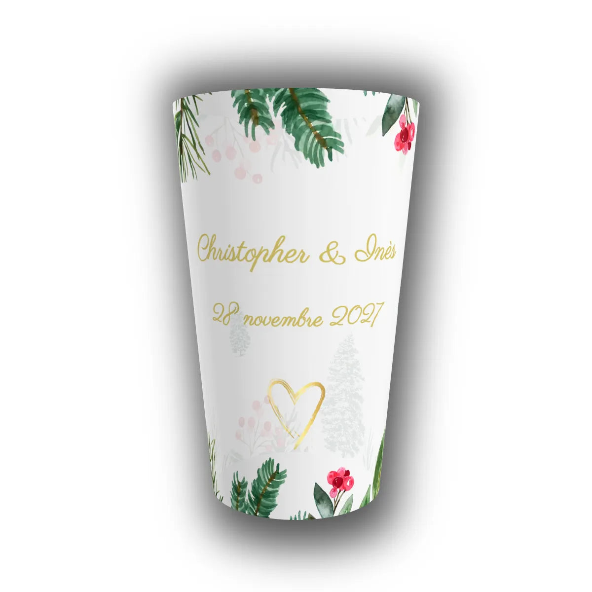 Gobelet réutilisable personnalisé pour mariage, translucide, orné de houx, sapin et baies dorées, avec prénoms des mariés et date gravés