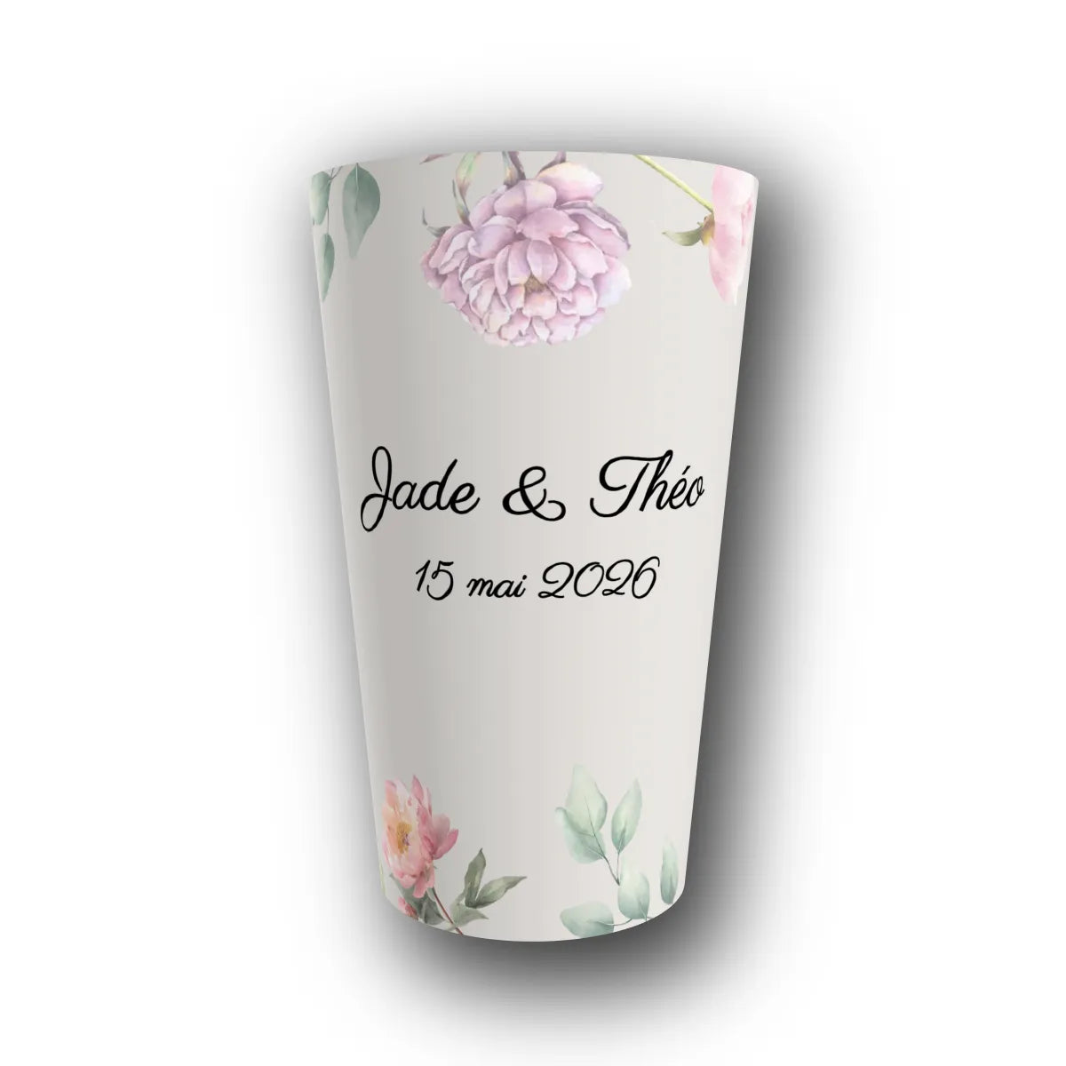 Gobelet réutilisable personnalisé mariage, pivoine romantique, rendu 3D