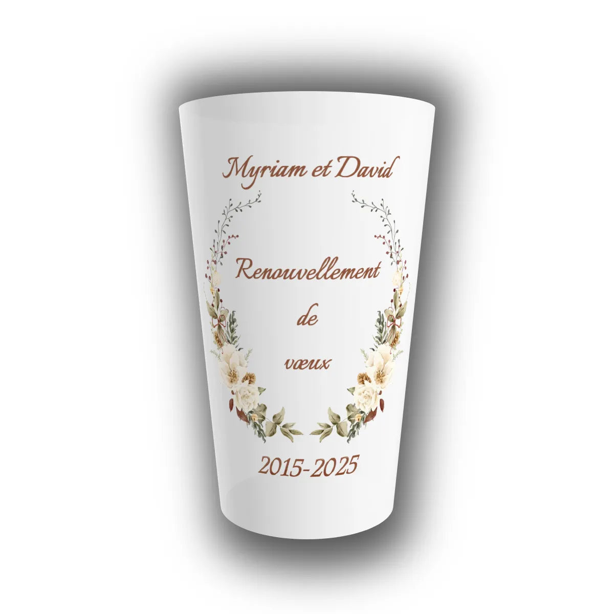 Gobelet réutilisable personnalisé translucide pour renouvellement de vœux, couronne florale bohème, prénoms des mariés et dates 2015-2025