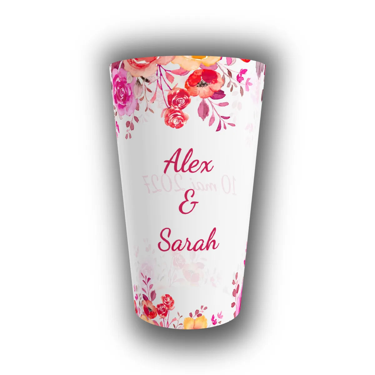 Gobelet réutilisable personnalisé pour mariage, translucide, orné de roses et coquelicots aquarelle, avec prénoms des mariés et date en rose