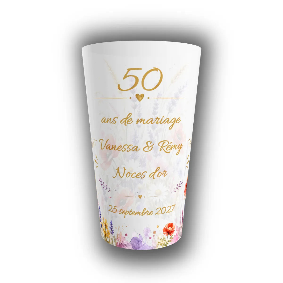 Gobelet réutilisable personnalisé pour noces d'or, effet translucide, chiffre 50 doré, fleurs des champs aquarelle, prénoms des mariés et date du mariage