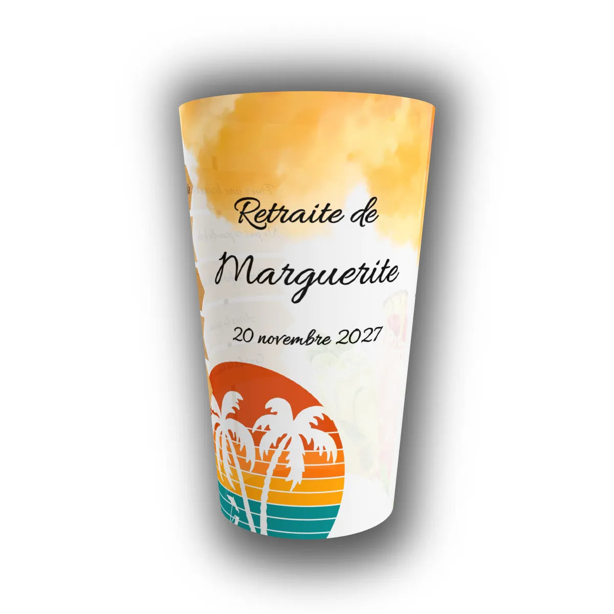 Gobelet réutilisable personnalisé pour départ à la retraite, translucide avec décor tropical coucher de soleil, palmiers, prénom et date à personnaliser