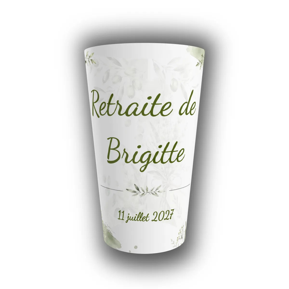Gobelet réutilisable personnalisé à motif d'eucalyptus aquarellé vert tendre, avec prénom du retraité et date en calligraphie raffinée