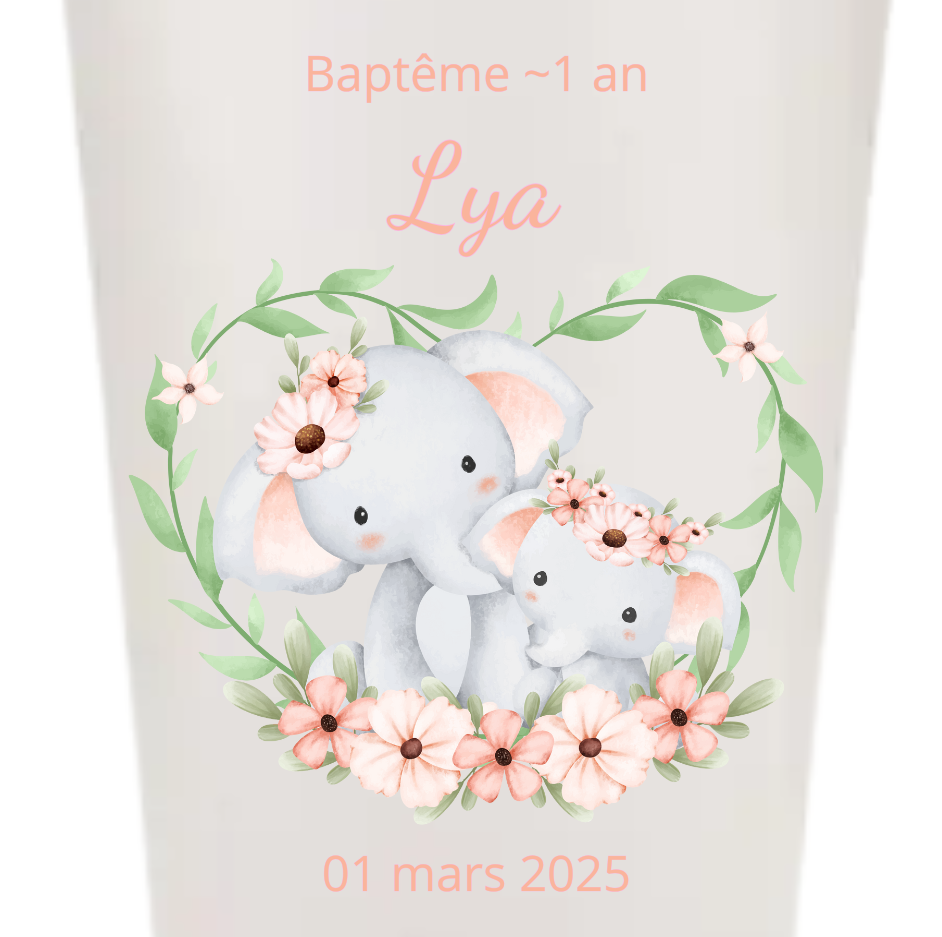 Gobelets personnalisés baptême/anniversaire éléphant fleur