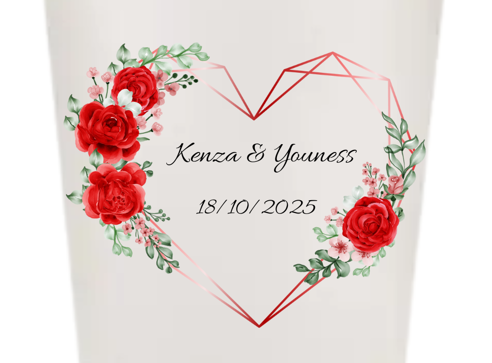 Gobelets personnalisés Mariage - fleur rose & cœur rouge