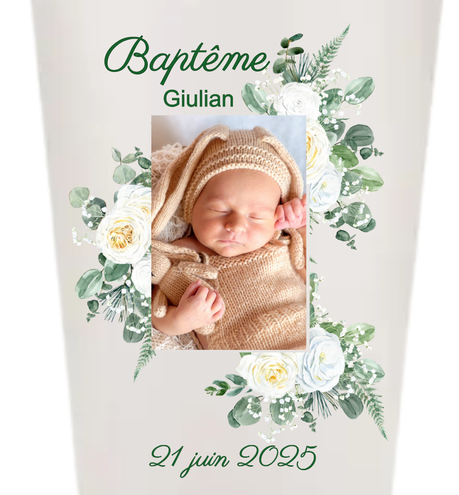 Gobelets personnalisés baptême/anniversaire vert sauge fleur photo