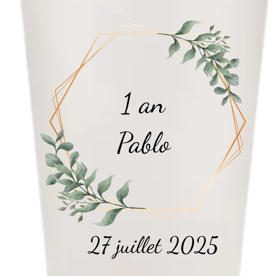 Gobelets personnalisés baptême/anniversaire feuillage vert sauge or
