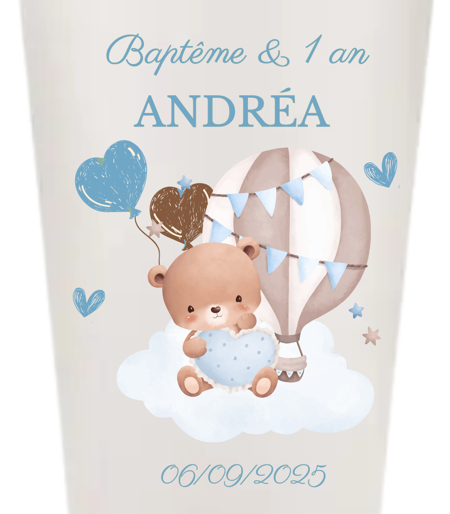 Gobelets personnalisés baptême/anniversaire ourson bleu
