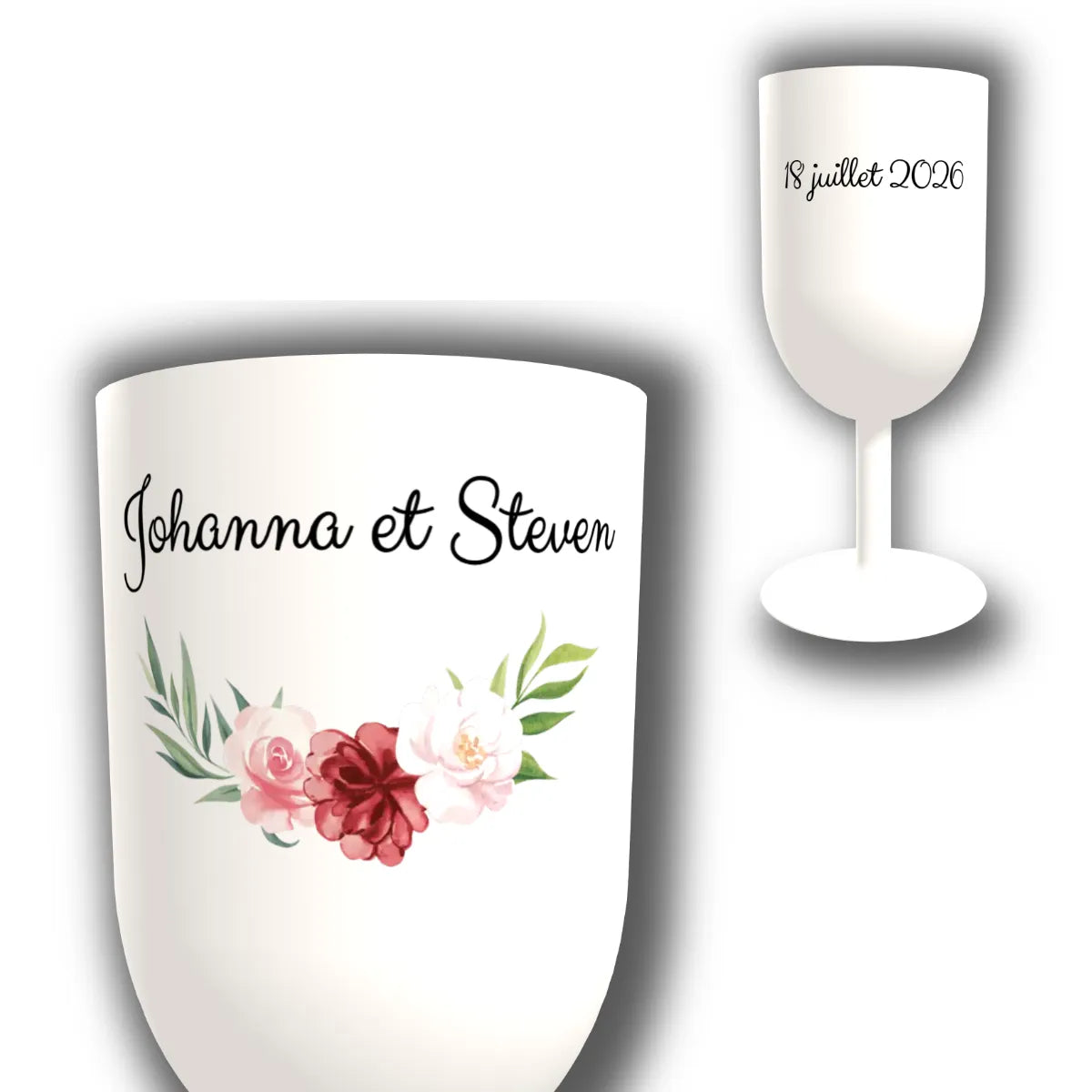 Verre à vin personnalisé Bouquet de Roses Rouge & Rose — vue d'ensemble et gros plan du design
