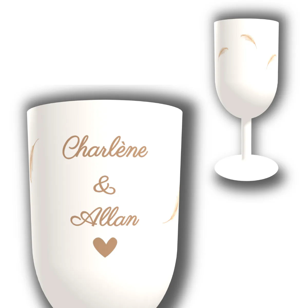 Verre à vin personnalisé Plumes & Cœur Beige — vue d'ensemble et gros plan du design