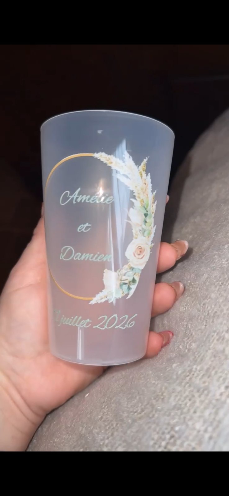 Gobelet de mariage personnalisé bohème, pampa et roses, prénoms Amélie et Damien