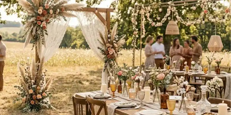 Décoration de mariage en plein air avec arche fleurie et pampas pour la collection de gobelets personnalisés bohème et champêtre KUZTOM.