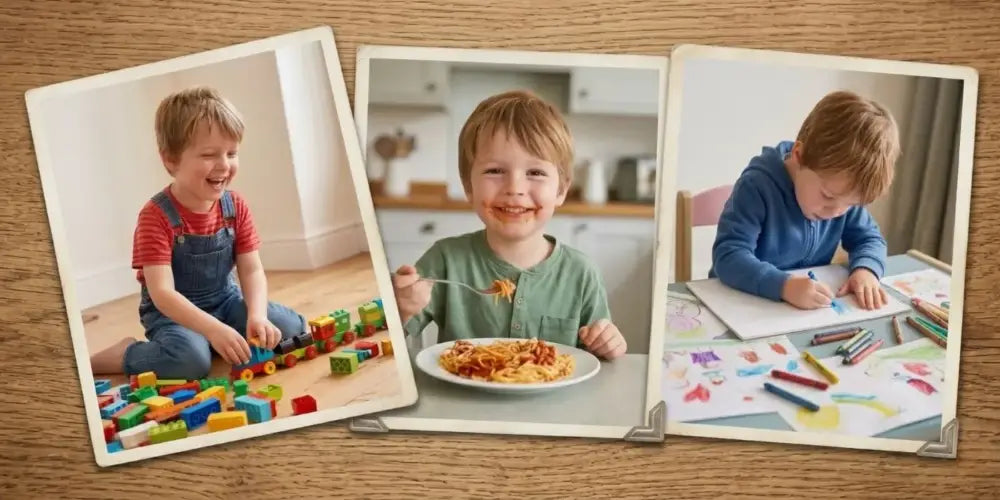 Photos souvenirs d'un petit garçon qui joue, mange et dessine, présentées sur un fond bois pour la collection de gobelets personnalisés KUZTOM.
