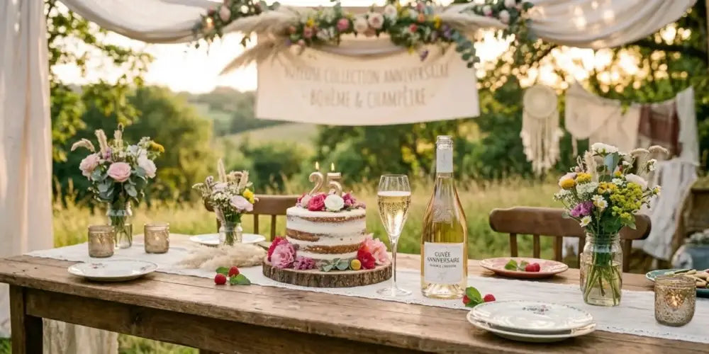 Décoration de table extérieure avec gâteau et fleurs pour la collection de gobelets personnalisés anniversaire bohème et champêtre KUZTOM.