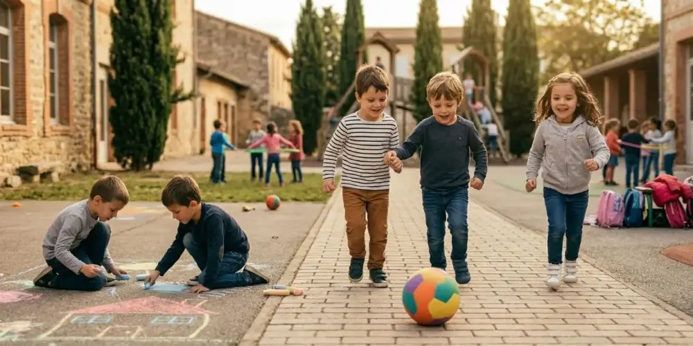 Enfants qui jouent au ballon et dessinent à la craie dans une cour de récréation ensoleillée. Une scène ludique pour illustrer le design optimisé par un graphiste KUZTOM de tous les gobelets enfants personnalisés pour fêtes et anniversaires.