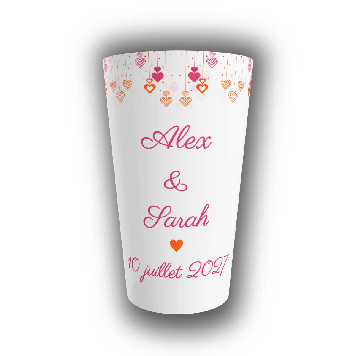 Gobelet réutilisable personnalisé pour mariage translucide, guirlande de cœurs orange et fuchsia, prénoms des mariés et date en rose