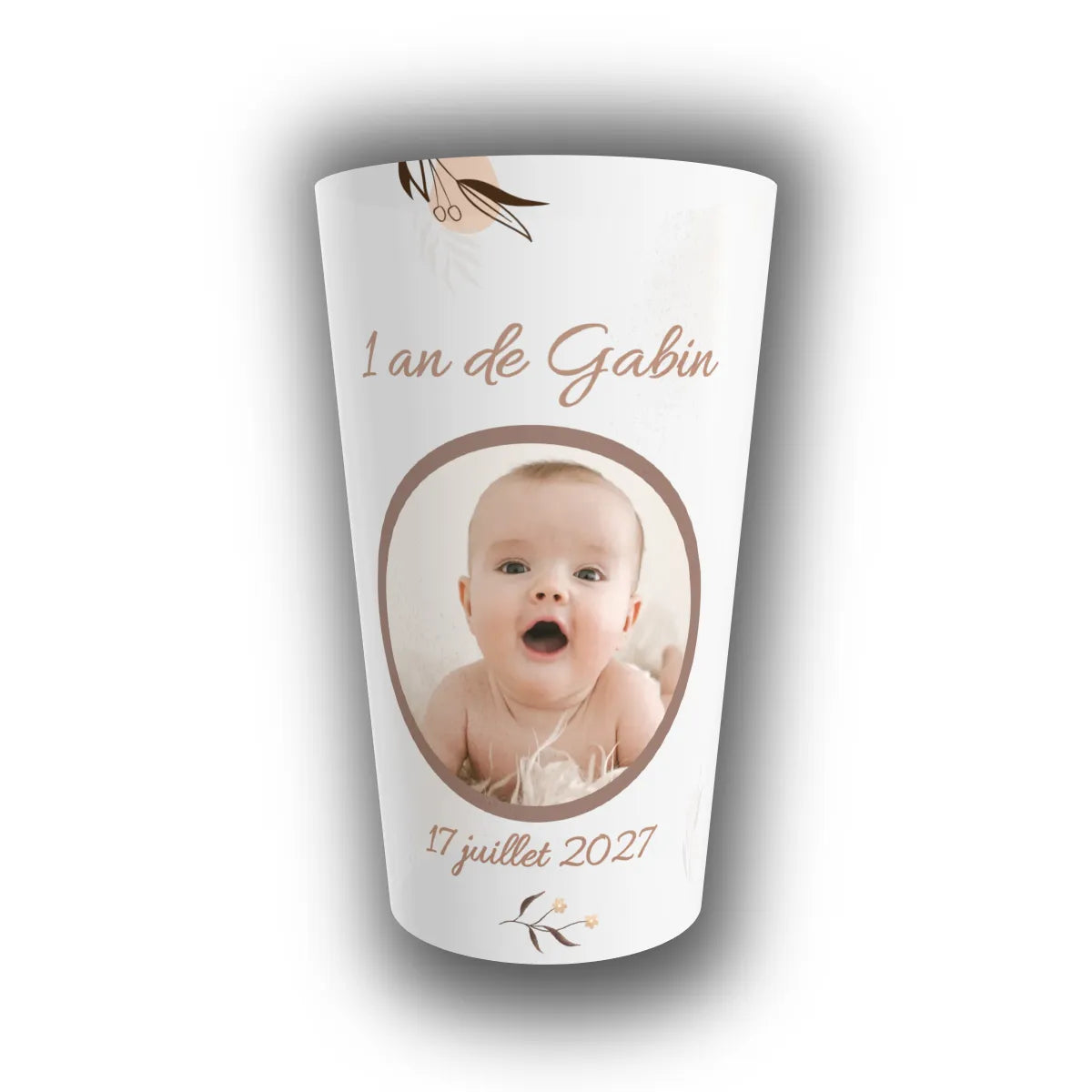 Gobelet réutilisable personnalisé pour anniversaire enfant, motif Prairie Céleste, photo de bébé, prénom et date 17 juillet 2027