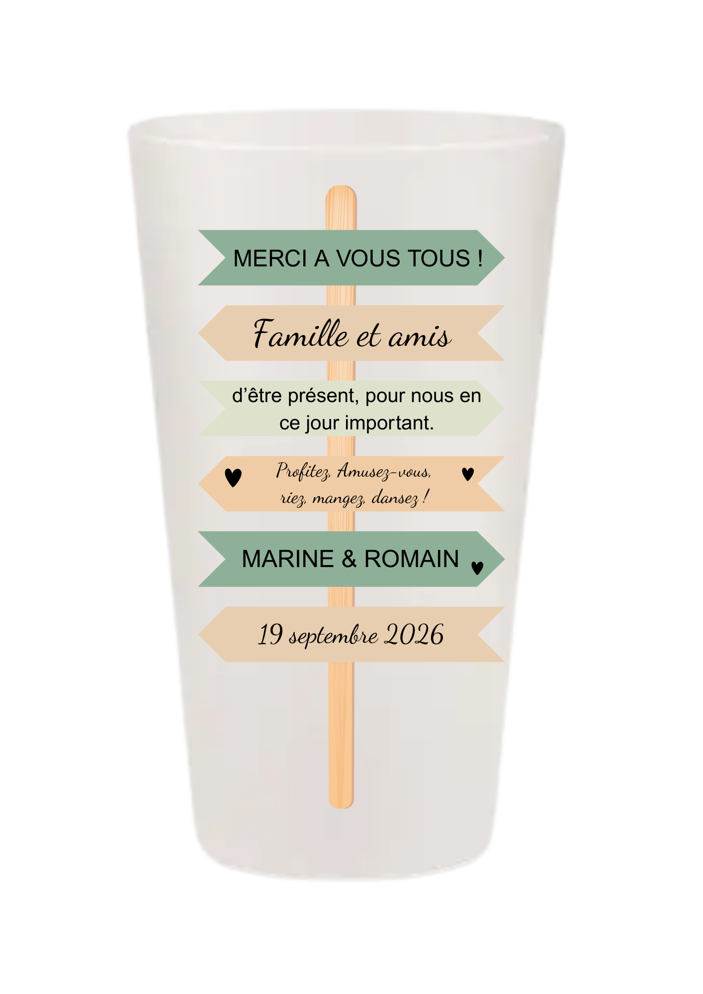 Gobelets personnalisés Mariage - pancarte vert sauge & beige